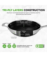 NutriChef 12'' Durable Wok with Side Handle - Triply Stainless Steel Cookware, Dakin Etching Non-Stick Coating Inside and Outside