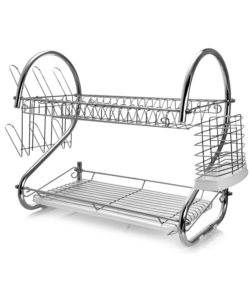 Megachef 16 Inch Two Shelf Dish Rack with Easily Removable Draining Tray, 6 Cup Hangers and Removable Utensil Holder