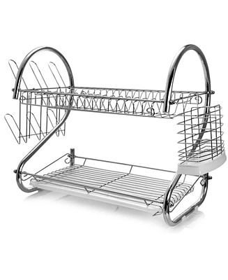 Megachef 16 Inch Two Shelf Dish Rack with Easily Removable Draining Tray, 6 Cup Hangers and Removable Utensil Holder