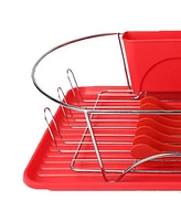 MegaChef 17 Inch Red and Silver Dish Rack with Detachable Utensil holder and a 6 Attachable Plate Positioner