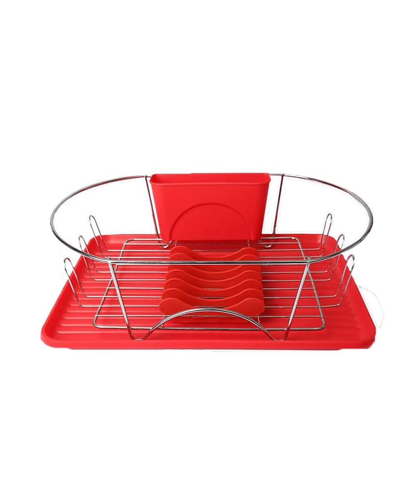 Megachef 17 Inch Red and Silver Dish Rack with Detachable Utensil holder and a 6 Attachable Plate Positioner