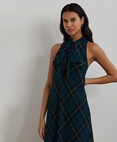 Lauren Ralph Women's Plaid Crinkle Georgette Tie-Neck Gown