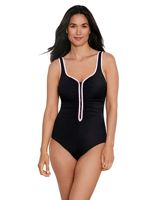 ShapeSolver by Penbrooke Women's Sport Color Coated Shirred Zipper One Piece Swimsuit