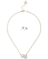 Guess Gold-Tone Double Crystal Pendant Necklace & Logo Stud Earrings Set