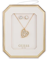 Guess Crystal Heart Pendant Necklace & Logo Stud Earrings Set