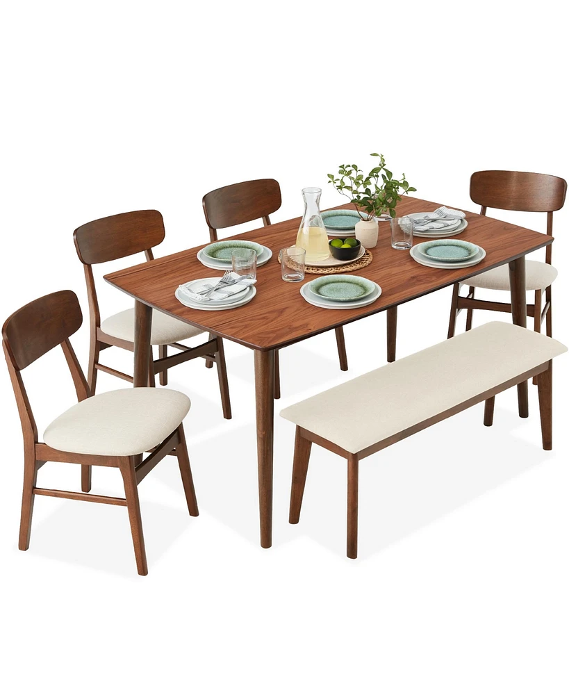 Best Choice Products 6-Piece Mid-Century Modern Dining Set, Upholstered Wooden Table & Chair Set w/ 4 Chairs, Bench