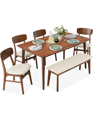 Best Choice Products 6-Piece Mid-Century Modern Upholstered Wooden Dining Set w/ 4 Chairs, Bench