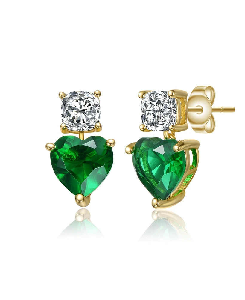 Genevive Sterling Silver 14K Gold Plated with Cubic Zirconia Two-Stone Heart Earrings