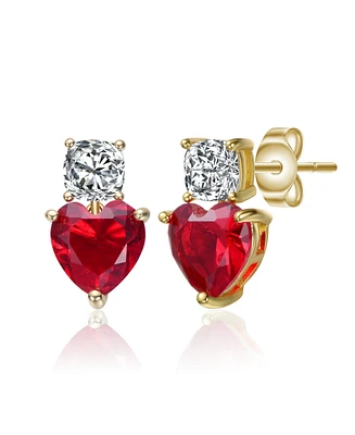 Genevive Sterling Silver 14K Gold Plated with Cubic Zirconia Two-Stone Heart Earrings