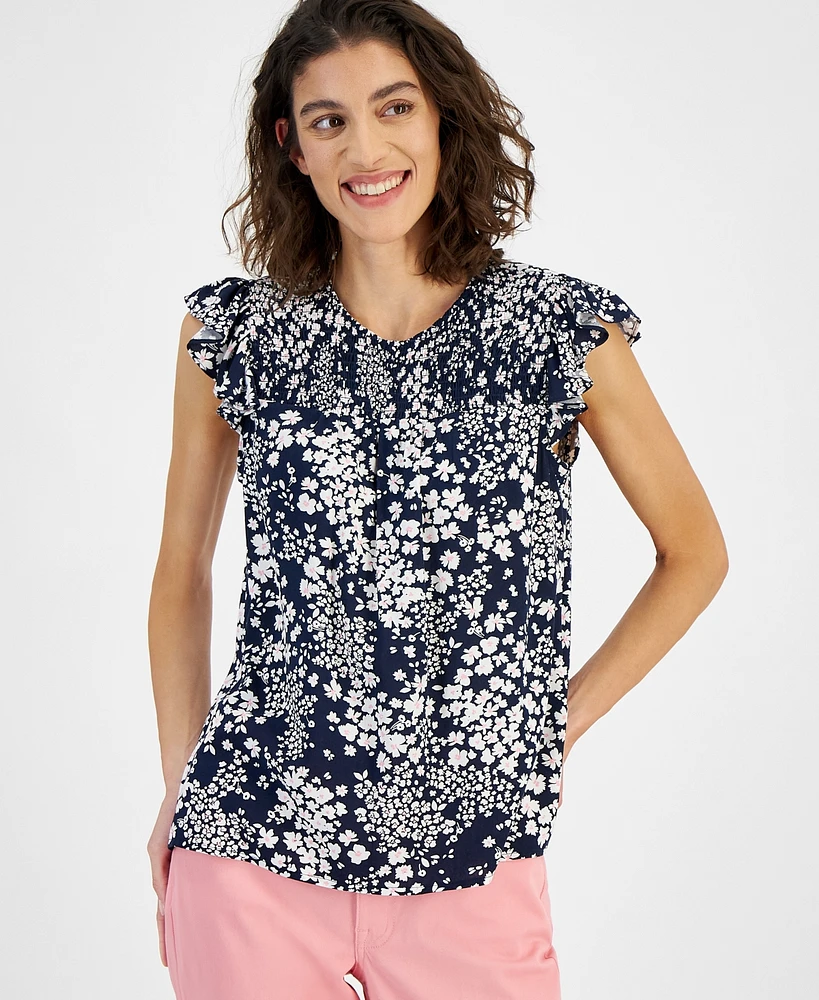 Tommy Hilfiger Women's Floral Pintuck Fluter-Sleeve Top