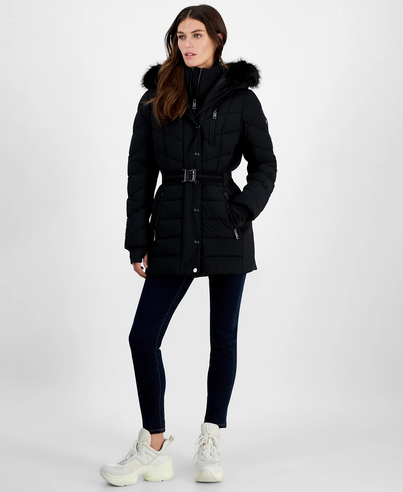 Michael Kors Petite Belted Faux-Fur-Trim Hooded Puffer Coat