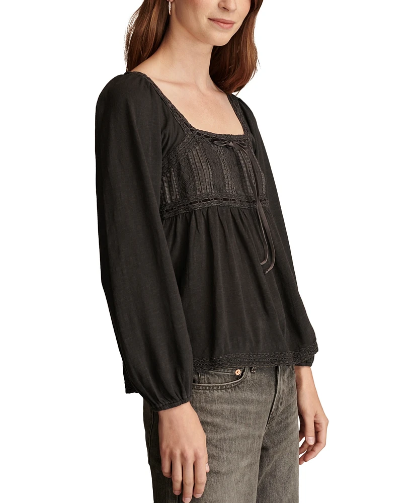 Lucky Brand Women's Lace-Trim Pintucked Knit Top