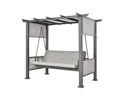 Pamapic 3-Person Gray Metal Patio Swing with Cushion