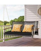2-Person Patio Rattan Hanging Swing Chair Porch Loveseat Cushion Off White