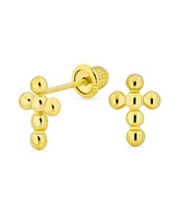 Bling Jewelry Tiny Minimalist Religious Christian Mini Ball Bubble Cross Stud Earrings For Women 14K Yellow Gold Safety Screw back