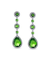 Bling Jewelry Classic Jewelry Fashion Statement Triple Round Pave Green Clear Cz Halo Long Linear Pear Shape Dangle Teardrop Chandelier Earrings For W