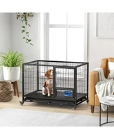 PawHut 43" Dog Crate with Bowl Holder, Wheels for Large/Xl Dogs, Black