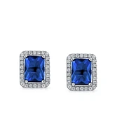 Bling Jewelry 3.5CT Emerald Cut Green Cubic Zirconia Cz Halo Stud Earring For Women Rhodium Sterling Silver