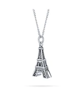 Bling Jewelry French Vacation Cz Accent Dangling Paris France Eiffel Tower Pendant Necklace For Women Oxidized .925 Sterling Silver