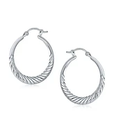 Bling Jewelry Light weight Slender Hollow Puff Ribbed Scalloped Shrimp Style Oval Tube Hoop Earrings For Women .925 Sterling Silver 1.25 Inch