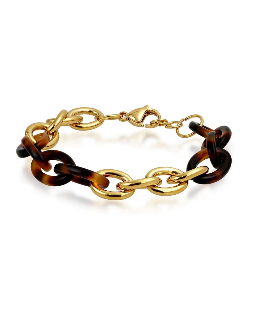 Bling Jewelry Fashion Statement Brown Golden Acrylic Marbled Leopard Tortoise Shell Oval Chain Link Bracelet For Women Yellow Gold Plated Stainless St