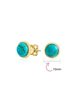 Bling Jewelry Simple Synthetic Blue Lapis Turquoise Bezel Set Round Dome Button Stud Earrings For Women Gold Plated .925 Sterling Silver