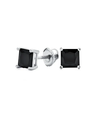 Bling Jewelry Black Square Cubic Zirconia Princess Cut Cz Stud Earrings For Women Men Screw back .925 Sterling Silver