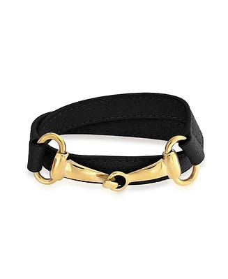 Bling Jewelry Fashion Black Leather Equestrian Snaffle Horse Bit Double Layer Wrap Bracelet For Women Gold Tone Stainless Steel - Black gold