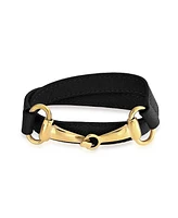 Bling Jewelry Fashion Black Leather Equestrian Snaffle Horse Bit Double Layer Wrap Bracelet For Women Gold Tone Stainless Steel - Black gold