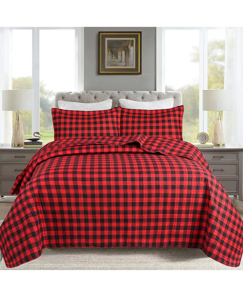 MarCielo 3 Pcs Christmas Red Buffalo Plaid Check Quilt Bedspread Set King