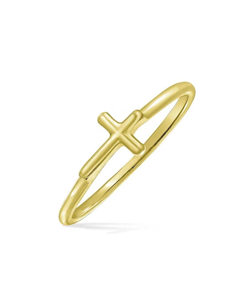 Bling Jewelry Minimalist Simple Midi Knuckle Thin 1MM Band Stackable Religious Sideways Cross RingYellow 14K Gold Plated .925 Sterling Silver