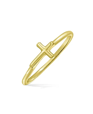 Bling Jewelry Minimalist Simple Midi Knuckle Thin 1MM Band Stackable Religious Sideways Cross RingYellow 14K Gold Plated .925 Sterling Silver