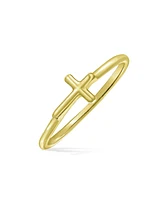 Bling Jewelry Minimalist Simple Midi Knuckle Thin 1MM Band Stackable Religious Sideways Cross RingYellow 14K Gold Plated .925 Sterling Silver