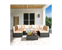 Pamapic Black 7-Piece Wicker Outdoor Sectional Set with Coffee Table and Blue Cushions