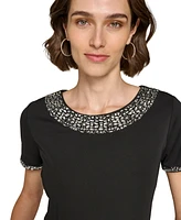 Karl Lagerfeld Paris Women's Crystal-Neck T-Shirt