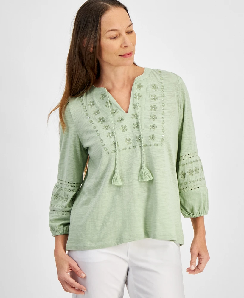 Style & Co Petite Shine Embroidered Tassel-Tie Top, Created for Macy's