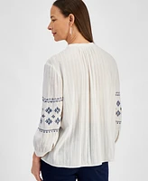 Style & Co Petite Embroidered Button-Front Long-Sleeve Top, Created for Macy's