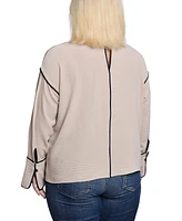 Ny Collection Plus Long Sleeve Contrast Piped Blouse