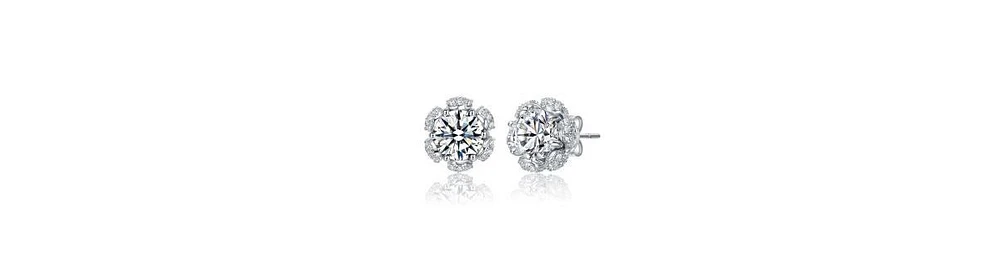 Genevive Sterling Silver White Gold Plated with Clear Cubic Zirconia Flower Halo Stud Earrings