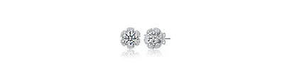 Genevive Sterling Silver White Gold Plated with Clear Cubic Zirconia Flower Halo Stud Earrings