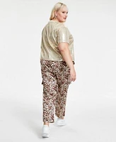 Bar Iii Trendy Plus Size Boxy Cropped Sequin Top Cheetah Print Shine Cargo Satin Pants Created For Macys