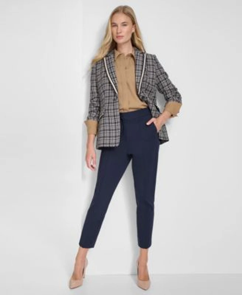 Tommy Hilfiger Womens Textured Plaid Single Button Blazer Slim Fit Button Front Shirt Mid Rise Ponte Skinny Ankle Pants