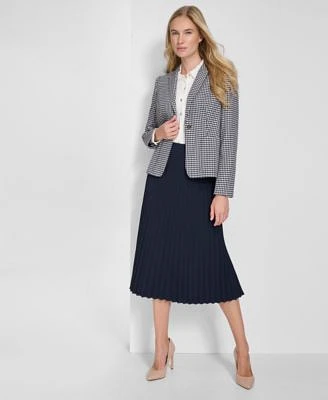 Tommy Hilfiger Womens Gingham Puff Sleeve Blazer Pleat Sleeve Button Front Shirt Pleated Pull On Midi Skirt