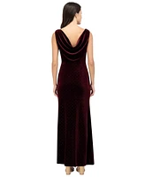 Eliza J Petite Cowlneck Velvet Rhinestone-Dotted Evening Gown