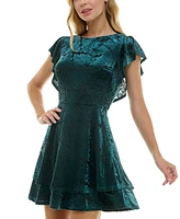 Crystal Doll Juniors' Burnout Velvet Flutter-Sleeve Dress