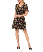 Women's Floral V-Neck Short Flutter-Sleeve Dress