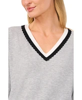 CeCe Women's Contrast Collar V-Neck Sweater