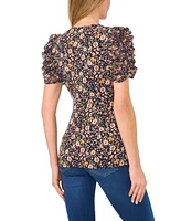 CeCe Women's Floral V-Neck Short Puff Sleeve Top