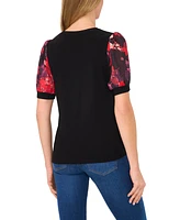 CeCe Women's Mixed Media Puff Sleeve Top