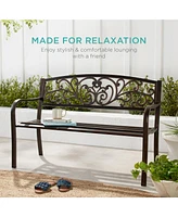 Best Choice Products Outdoor Steel Bench Garden Patio Porch Furniture w/ Floral Design Backrest, Slatted Seat